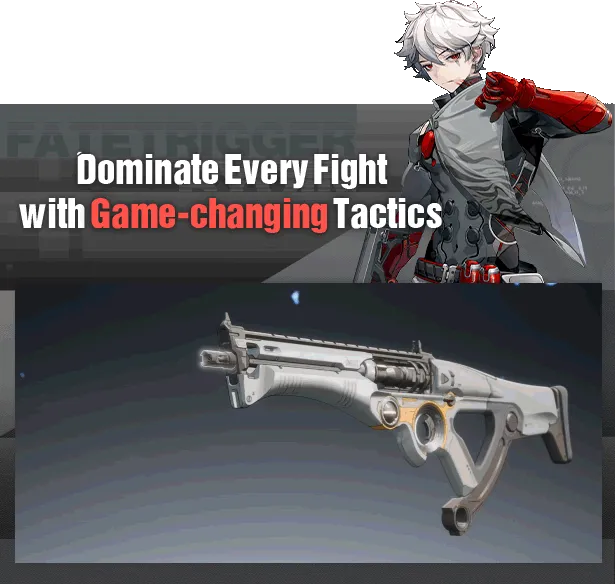 Fate Trigger: Anime hero with red gloves, futuristic rifle, bold text "Dominate Every Fight."