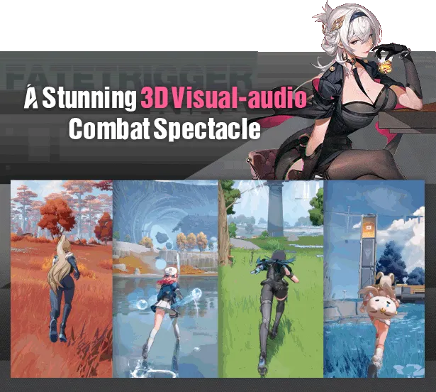 Fate Trigger: Four anime characters in dynamic poses, bold text reads "A Stunning 3D Visual-audio Combat Spectacle."