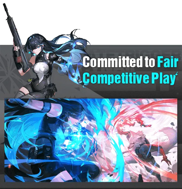 Fate Trigger: Anime character with rifle, glowing arm, text "Committed to Fair Competitive Play".