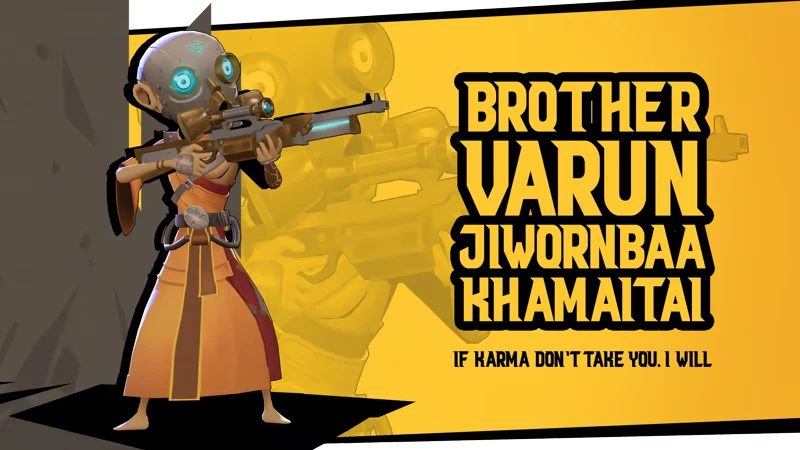 Father, Son and Holy Guns: Masked monk aims rifle; text “BROTHER VARUN” on yellow card.