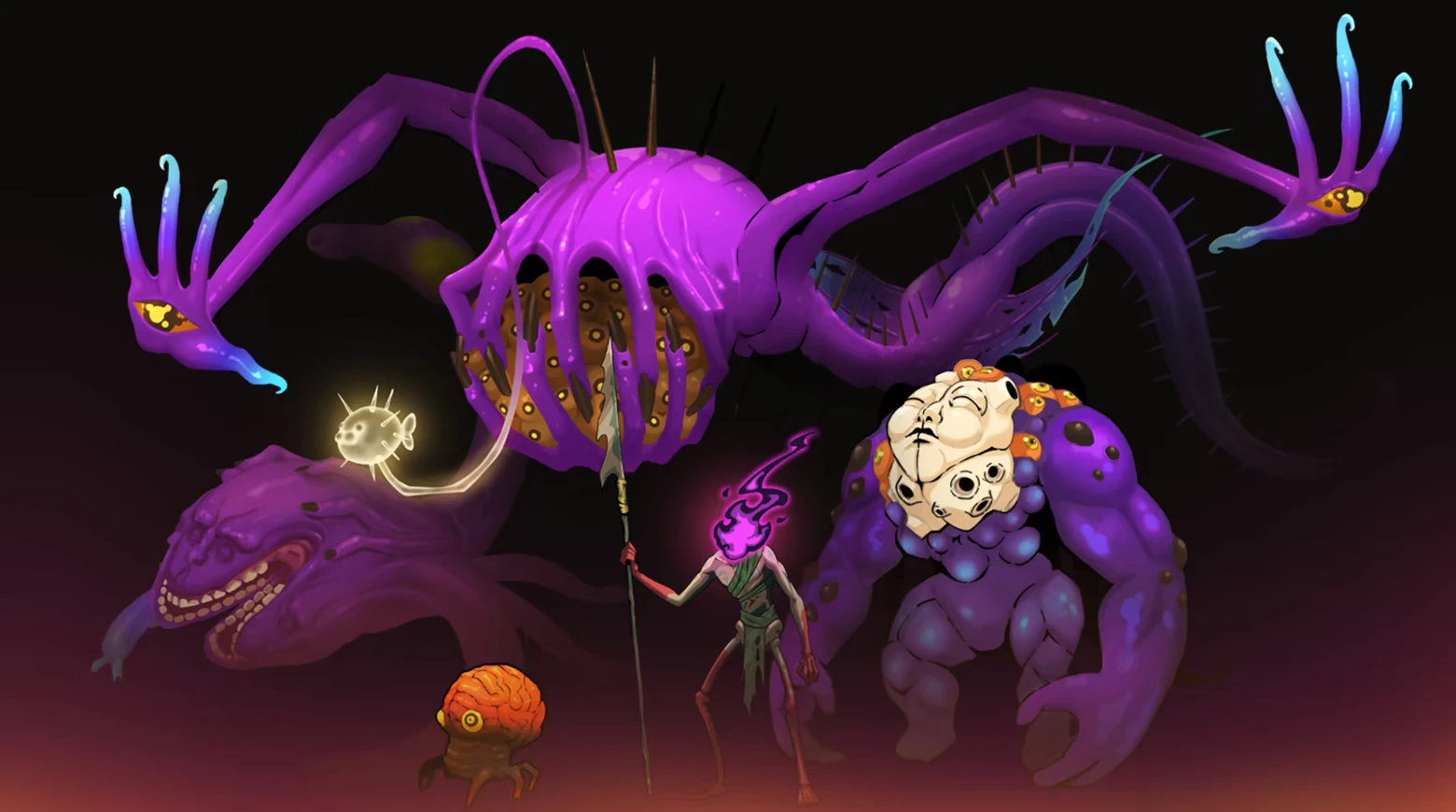 Father, Son and Holy Guns: Purple tentacled monster and other grotesque creatures on black background.
