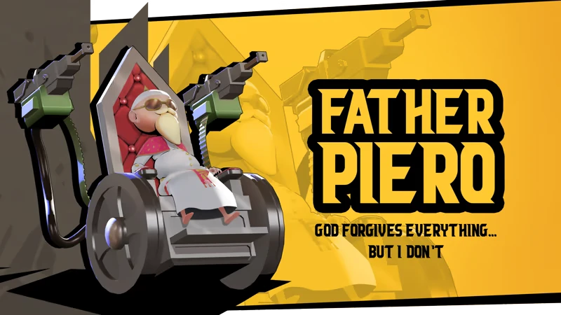 Father, Son and Holy Guns: Priest in chair with guns; text “FATHER PIERO”.