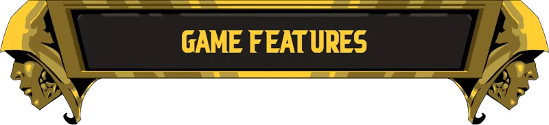 Father, Son and Holy Guns: Gold banner with bold text “GAME FEATURES” on black.