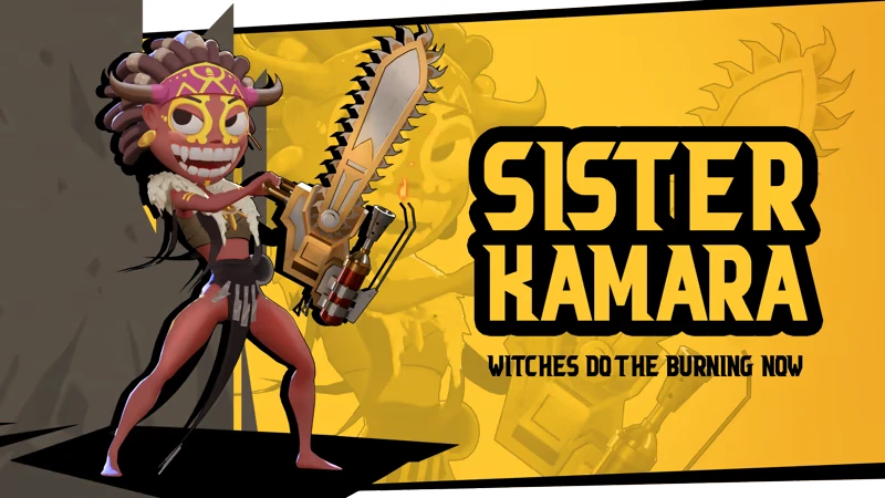 Father, Son and Holy Guns: Masked woman with chainsaw; text “SISTER KAMARA”.