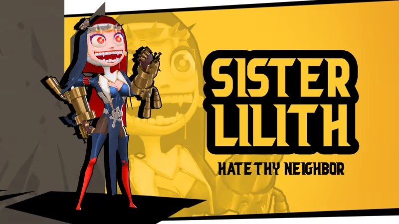 Father, Son and Holy Guns: Nun with gun and text “SISTER LILITH” “HATE THY NEIGHBOR”.