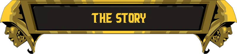 Father, Son and Holy Guns: Gold banner with bold yellow text “THE STORY” on black background.