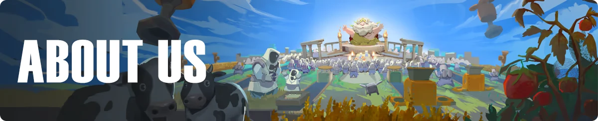 About Us Scene – F.E.A.S.T F.E.A.S.T: "ABOUT US" text over cows, tomatoes, and a divine figure in a temple setting.