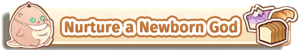 Feastopia: Cartoon creature with green eyes, text "Nurture a Newborn God," bread and cake icons.