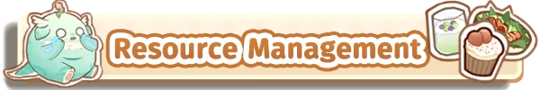 Feastopia: Cute green creature, "Resource Management" text, drinks, salad, and cupcake icons.
