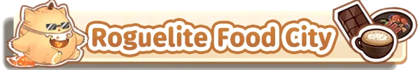 Feastopia: Chubby cat in sunglasses, "Roguelite Food City" text, chocolate, coffee, food.