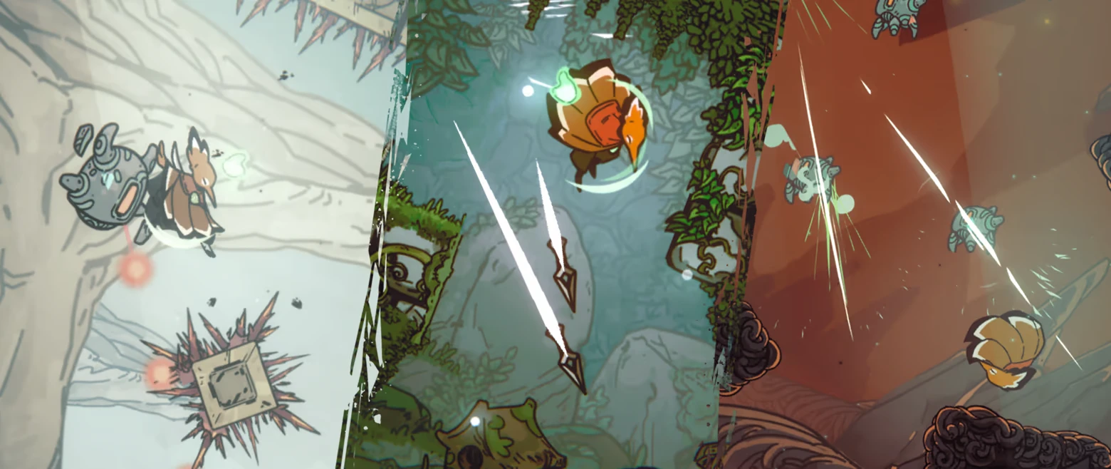 Feather’s Edge: Split panels show bird warrior dashing, slashing, and dodging foes.