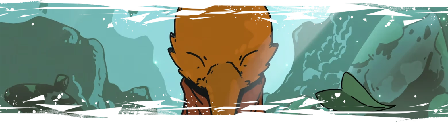 Feather’s Edge: Close-up of orange bird head with teal cliffs and moon backdrop.