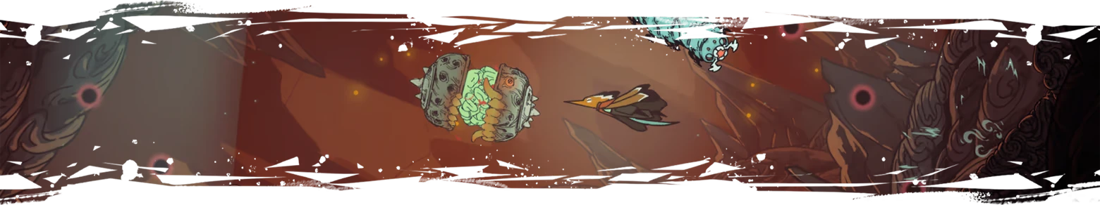 Feather’s Edge: Bird warrior dashes past spiked stone orb in red cavern scene.