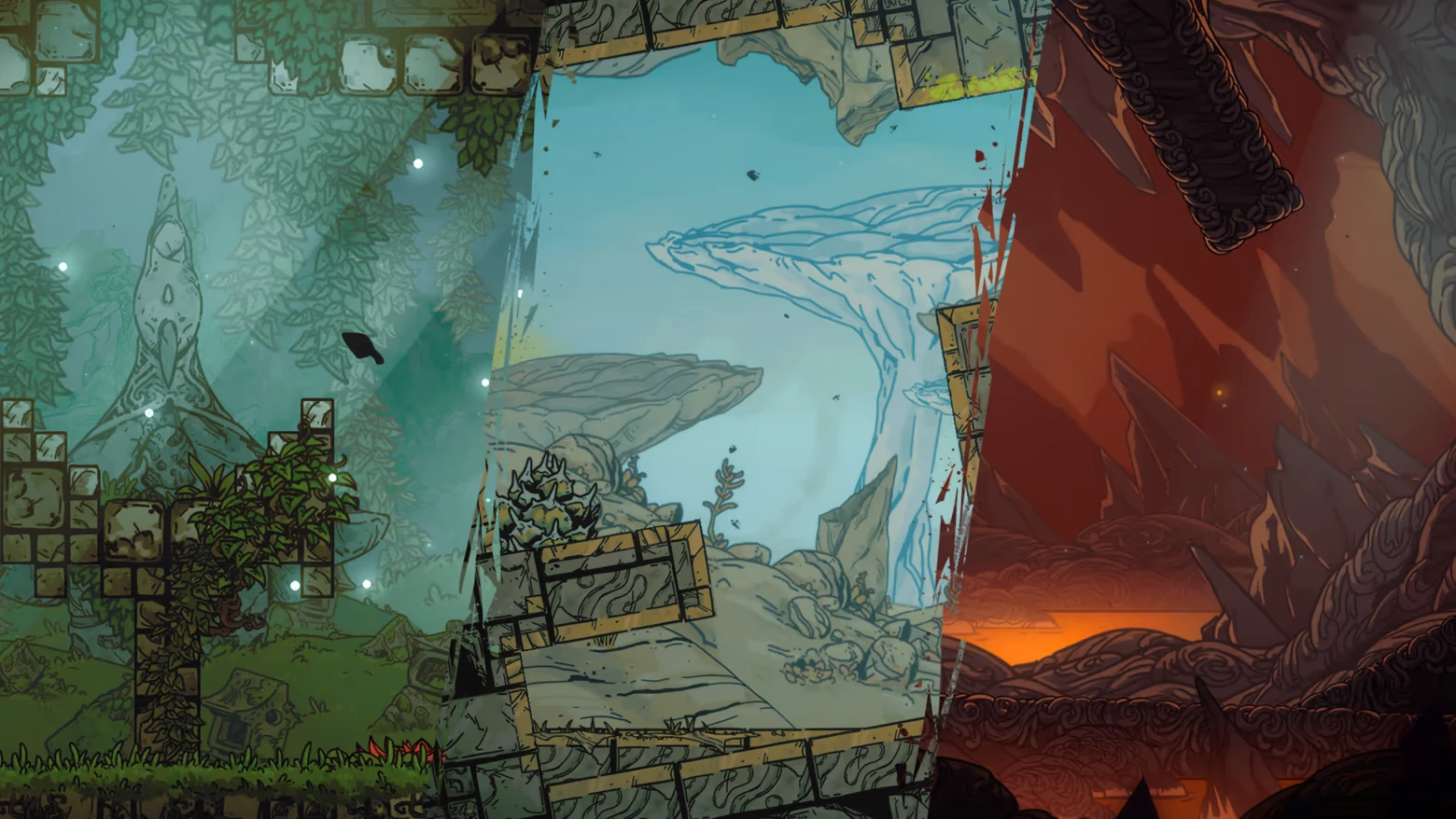 Feather’s Edge: Split scene of forest ruins, blue cliffs, and red cavern with lava glow.