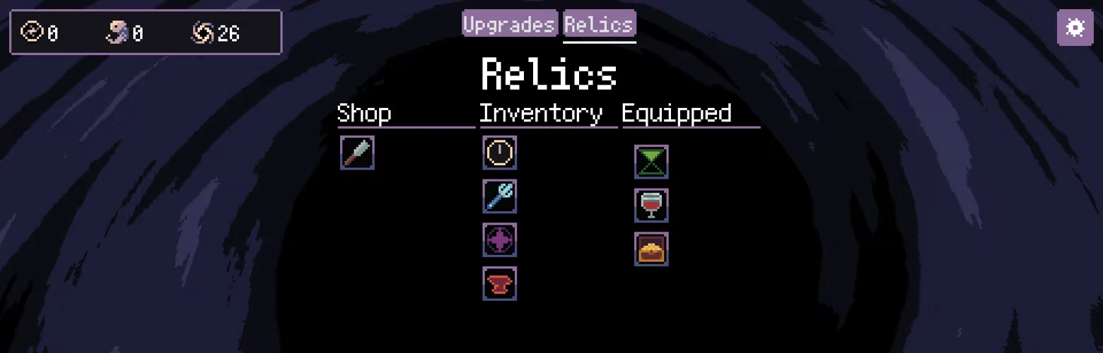 Relics Inventory Menu – Feed The Void Feed The Void: Relics menu with Shop, Inventory, Equipped icons on dark vortex background.