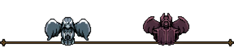 Felbound: Two pixel art winged statues, one gray and one purple, on a horizontal line.