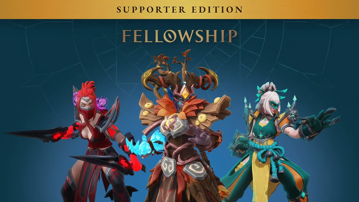 Fellowship: Three fantasy characters in vibrant armor, "SUPPORTER EDITION" text above.