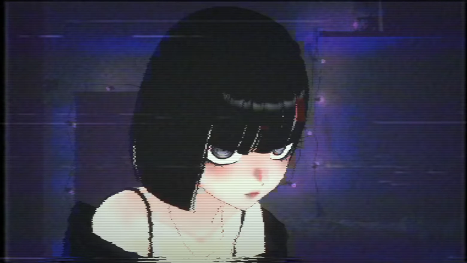Femme Fatality: Close-up of woman with black bob and bangs, purple-lit background, VHS scanlines.