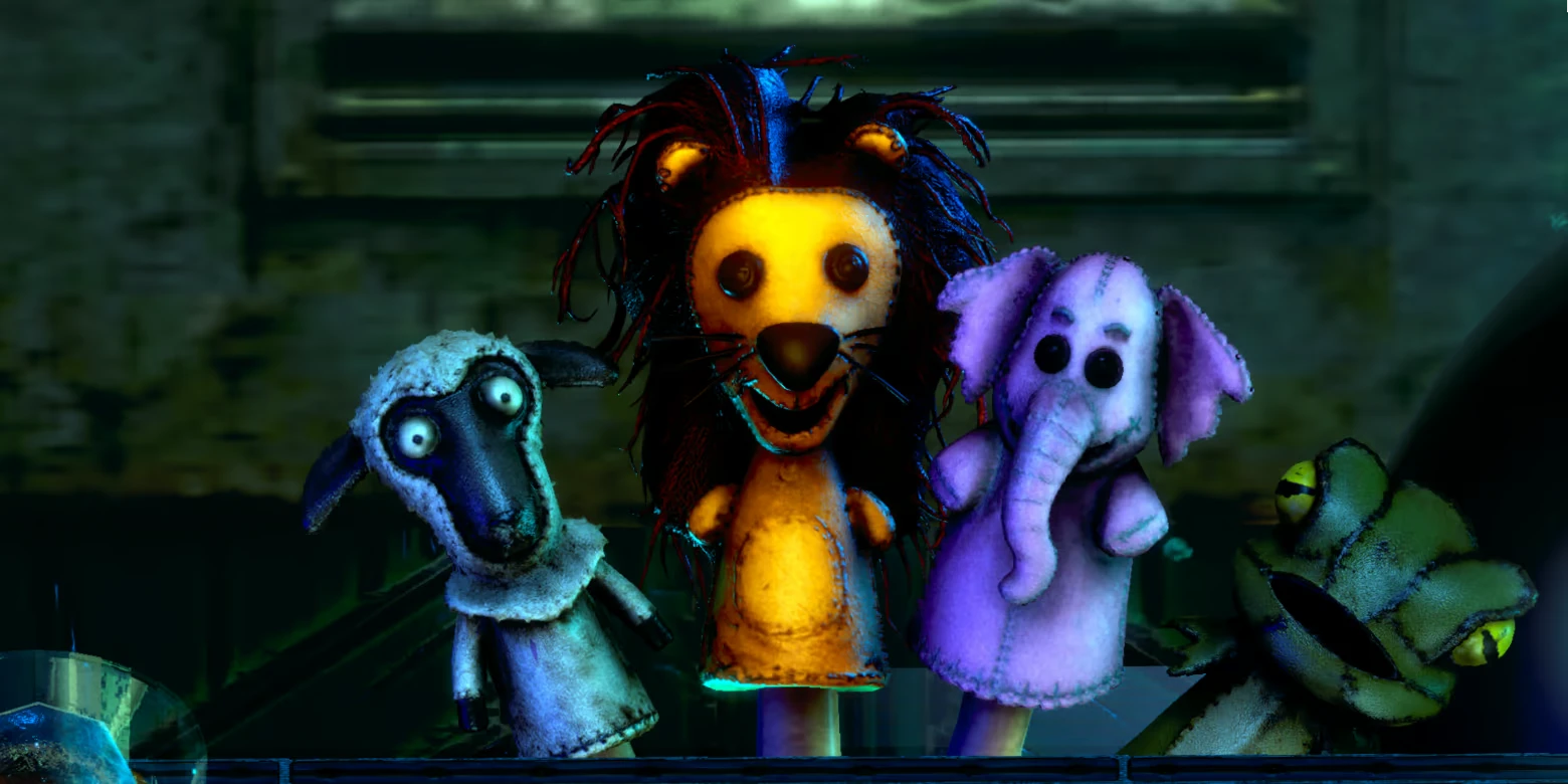 FFFF: Three creepy plush puppets—sheep, lion, and purple elephant—under green light.