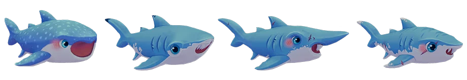 Final Splash: Four cartoon sharks with big eyes and different expressions, facing right.
