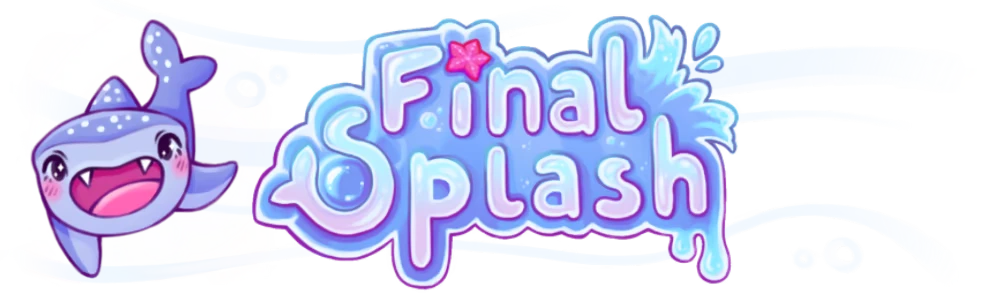 Final Splash: Cartoon shark with open mouth beside bubbly blue text with a pink star.