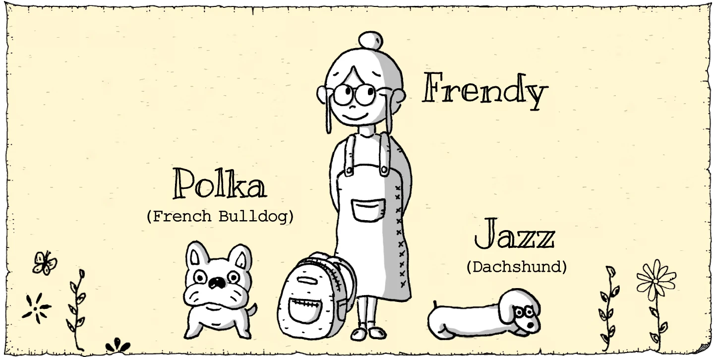 Finding Polka: Sketch of girl with dogs; text “Polka” “Frendy” “Jazz” labels.