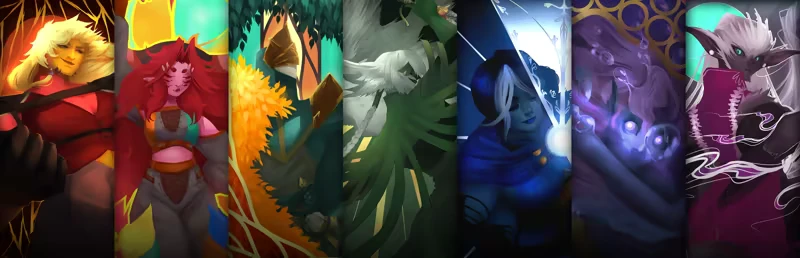 Fine Work: Seven vibrant panels with diverse characters, from a lion-like figure to a cloaked mage.