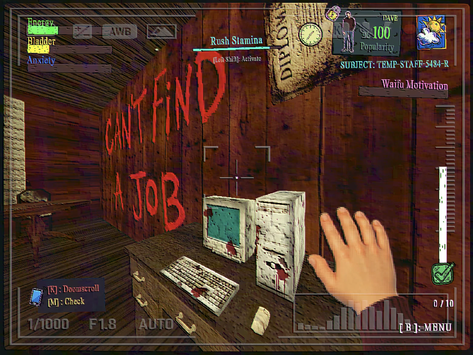 Cant Find Job Graffiti – FINITE JEST FINITE JEST: HUD view of desk PC; wall graffiti reads “CAN’T FIND A JOB” in red.