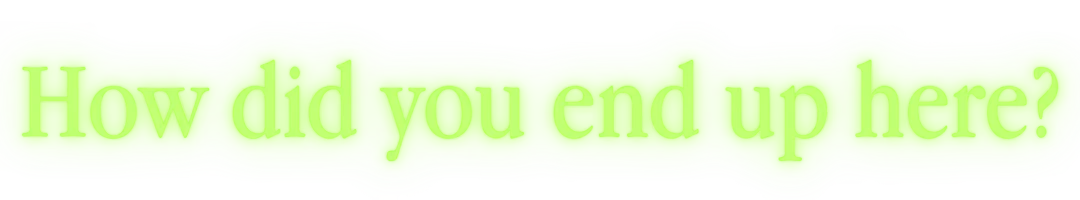 How Did You End up Here – FINITE JEST FINITE JEST: Neon green banner with pale serif text reading “How did you end up here?”.