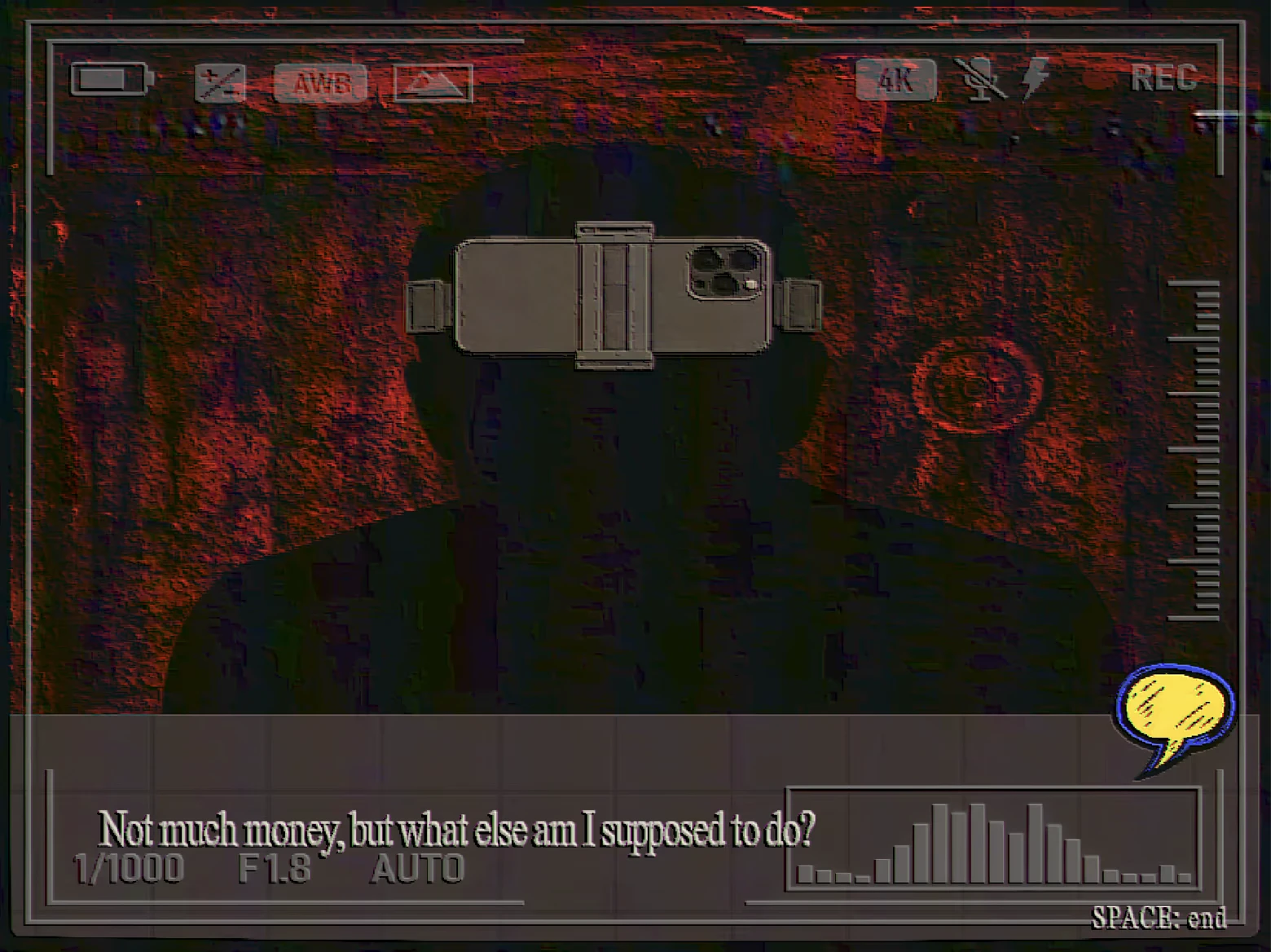 Webcam Selfie Screen – FINITE JEST FINITE JEST: Camcorder UI over shadowy figure; subtitle reads “Not much money...”.