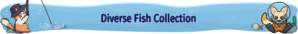 Fischer's Fishing Journey: Fox in a hat fishing, text "Diverse Fish Collection," blue banner.