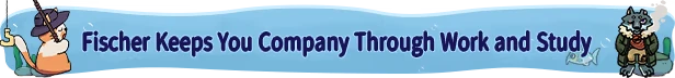 Fischer's Fishing Journey: Fischer and a wolf character on a blue banner with bold text.