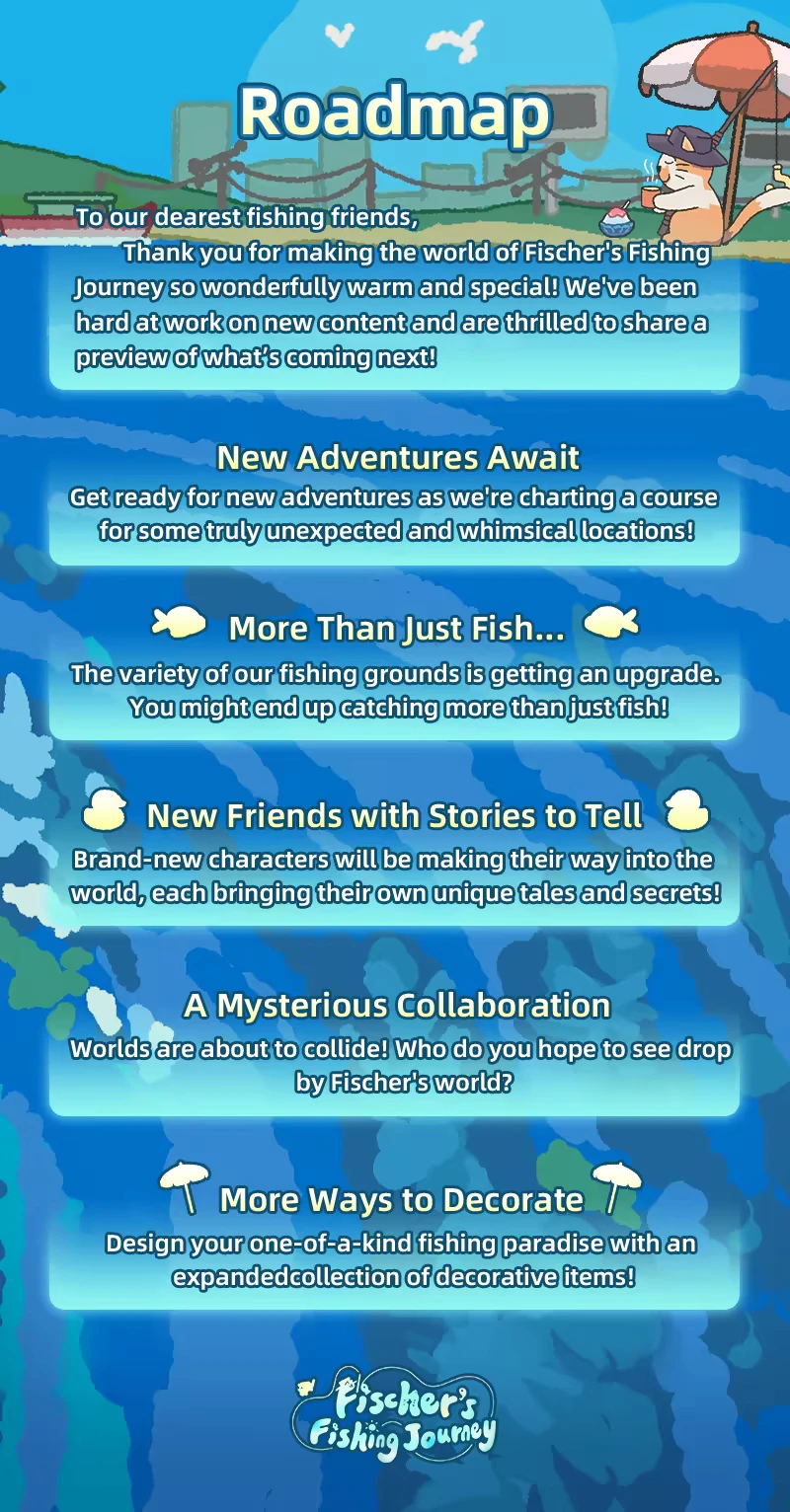 Fischer's Fishing Journey: Roadmap with updates, cat fishing under umbrella, whimsical text.