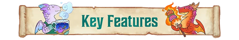 Key Features Banner – Flamecraft Flamecraft: Banner reading “Key Features” with dragons holding a mug and torch.