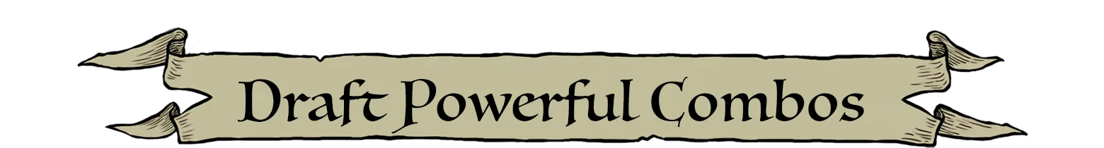 FLASK: Banner with serif text “Draft Powerful Combos” on a parchment scroll ribbon.
