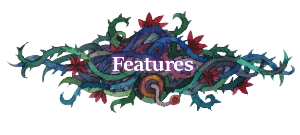 Flawless Abbey: "Features" text over colorful, swirling vines and red flowers illustration.