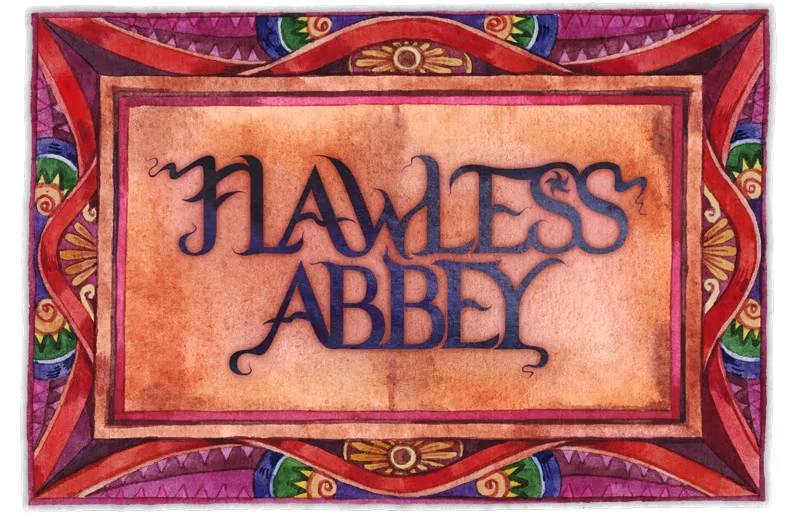 Flawless Abbey: Ornate title screen with stylized text and colorful, intricate border design.