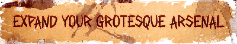 Grotesque Arsenal – Flesh Grinding Flesh Grinding: Red jagged text “EXPAND YOUR GROTESQUE ARSENAL” on stained paper background.