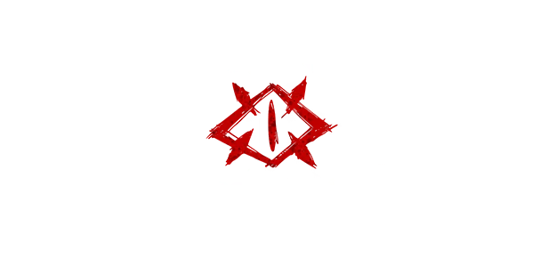 Title Logo – Flesh Grinding Flesh Grinding: White scribbled title text over red spiky emblem on black background.