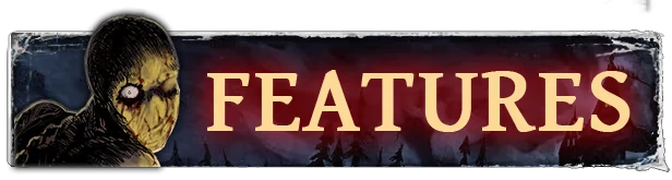 Flesh Made Fear: A sinister figure with a stitched face beside bold text "FEATURES" on a dark background.