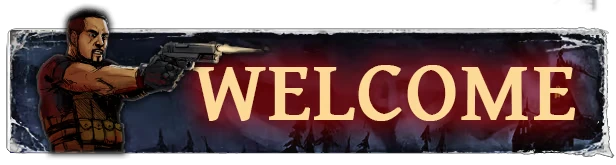 Flesh Made Fear: Illustrated man fires a handgun beside large, bold "WELCOME" text on dark background.