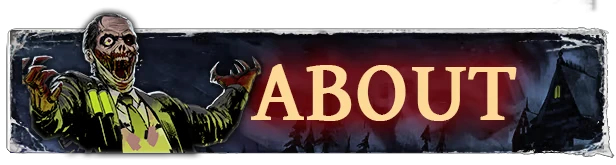 Flesh Made Fear: Zombie in a suit with glowing eyes and claws, "ABOUT" text in bold yellow.