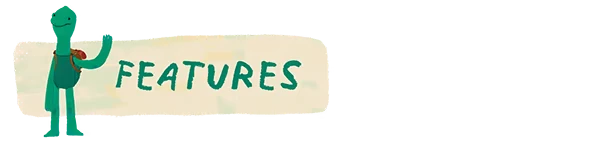 Flibbius McDoogle and the Mysterious Flying Machine: Green character beside "FEATURES" text.