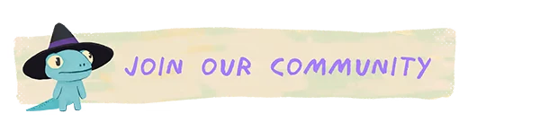 Flibbius McDoogle and the Mysterious Flying Machine: Blue creature in a witch hat beside "Join Our Community" in purple text.