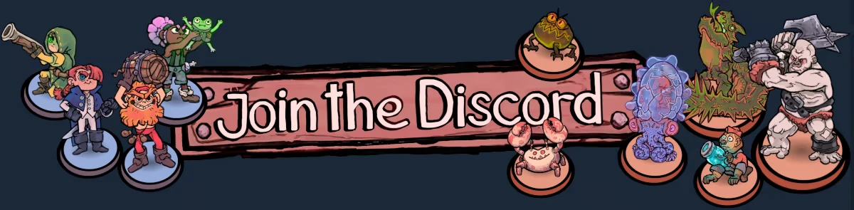 Flick Shot Rogues: Cartoon characters on tokens flank "Join the Discord" text on a wooden sign.