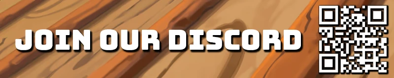 Flipping is Hard: Bold white text "JOIN OUR DISCORD" on wood texture with a QR code on the right.