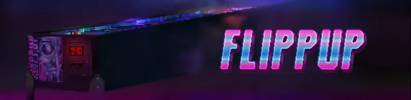 FlippUp: Neon-lit pinball machine with glowing red buttons and pixelated "FLIPPUP" text.