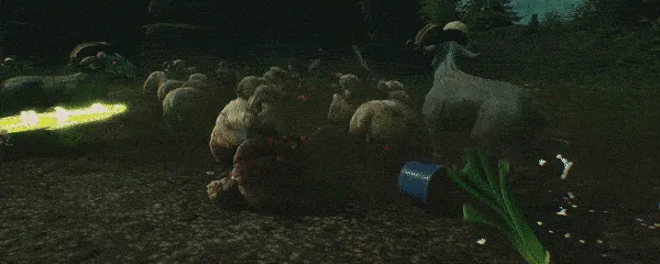 Flock Off!: Zombified sheep with glowing eyes approach, a green weapon and blue can on the ground.