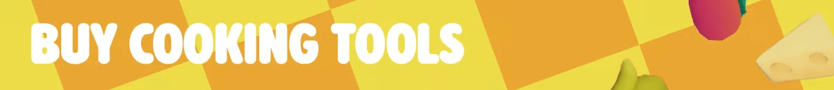 Fluffy Chef: "BUY COOKING TOOLS" text in bold white on a yellow checkered background with food.