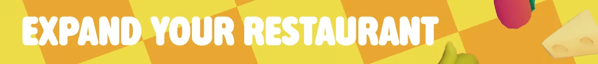 Fluffy Chef: Bold white text "EXPAND YOUR RESTAURANT" on a yellow checkered background with food.